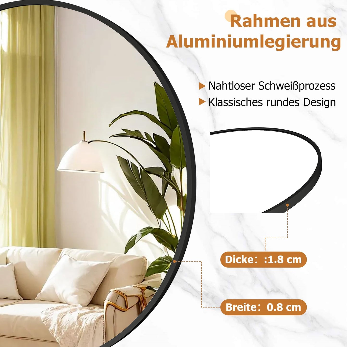 106cm Large Round Wall Mirror – Black Aluminium Alloy Frame, Tempered Glass Decorative Mirror for Bathroom, Bedroom, Living Room & Entryway