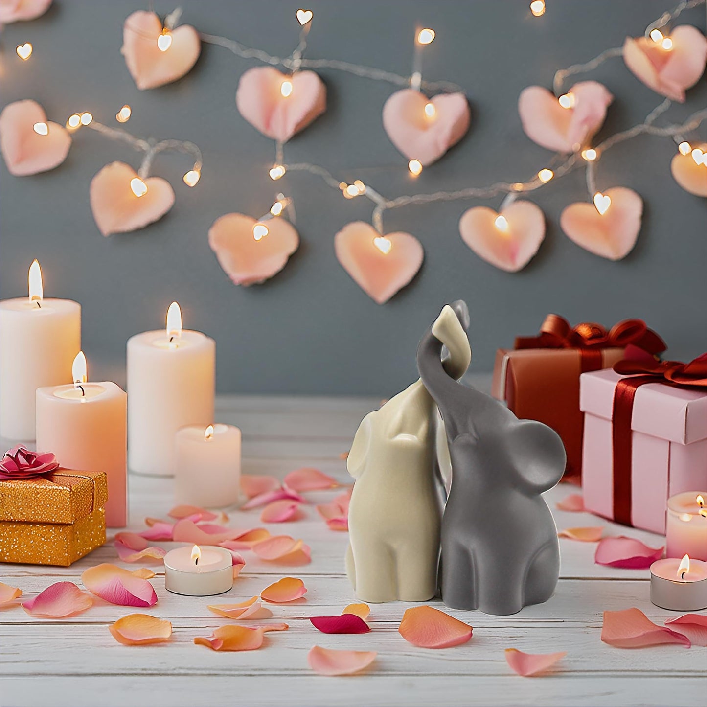 Loving Elephant Pair Sculpture – Modern Ceramic Decoration Set (Beige & Grey, 16cm High) – Ideal Gift for Couples