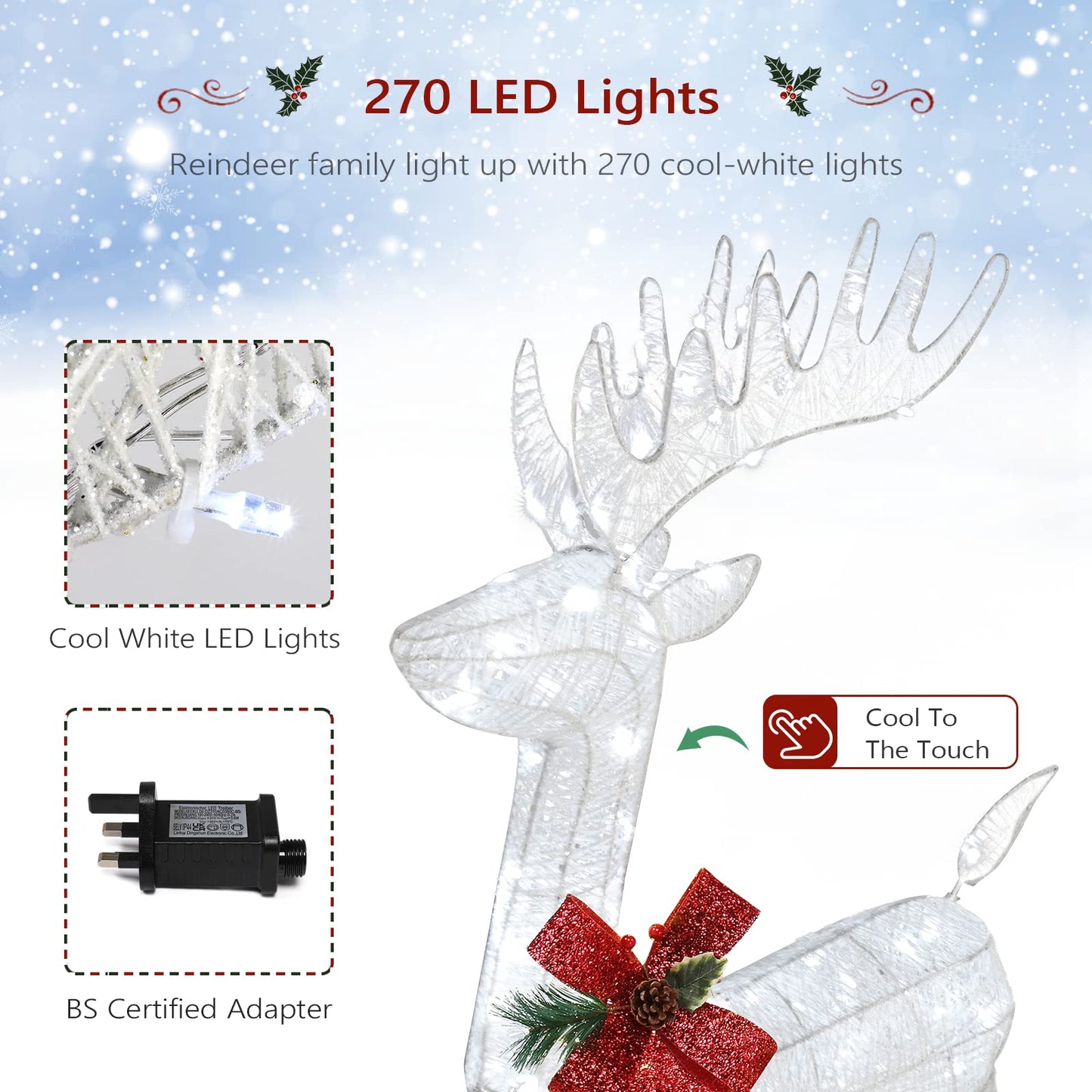 3-Piece Lighted Reindeer Christmas Decoration Set – Pre-Lit 270 LED Deer Family with Remote, Timer & Ground Stakes – Indoor/Outdoor Plug-In Ornament