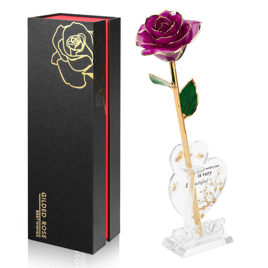 Gold-Dipped Infinity Rose – Purple Preserved Real Flower with Resin Finish & Gift Box, Eternal Rose for Anniversaries, Birthdays & Valentine’s Day