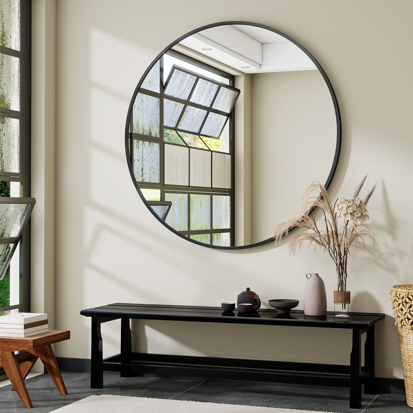 106cm Large Round Wall Mirror – Black Aluminium Alloy Frame, Tempered Glass Decorative Mirror for Bathroom, Bedroom, Living Room & Entryway