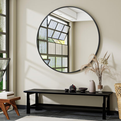 106cm Large Round Wall Mirror – Black Aluminium Alloy Frame, Tempered Glass Decorative Mirror for Bathroom, Bedroom, Living Room & Entryway