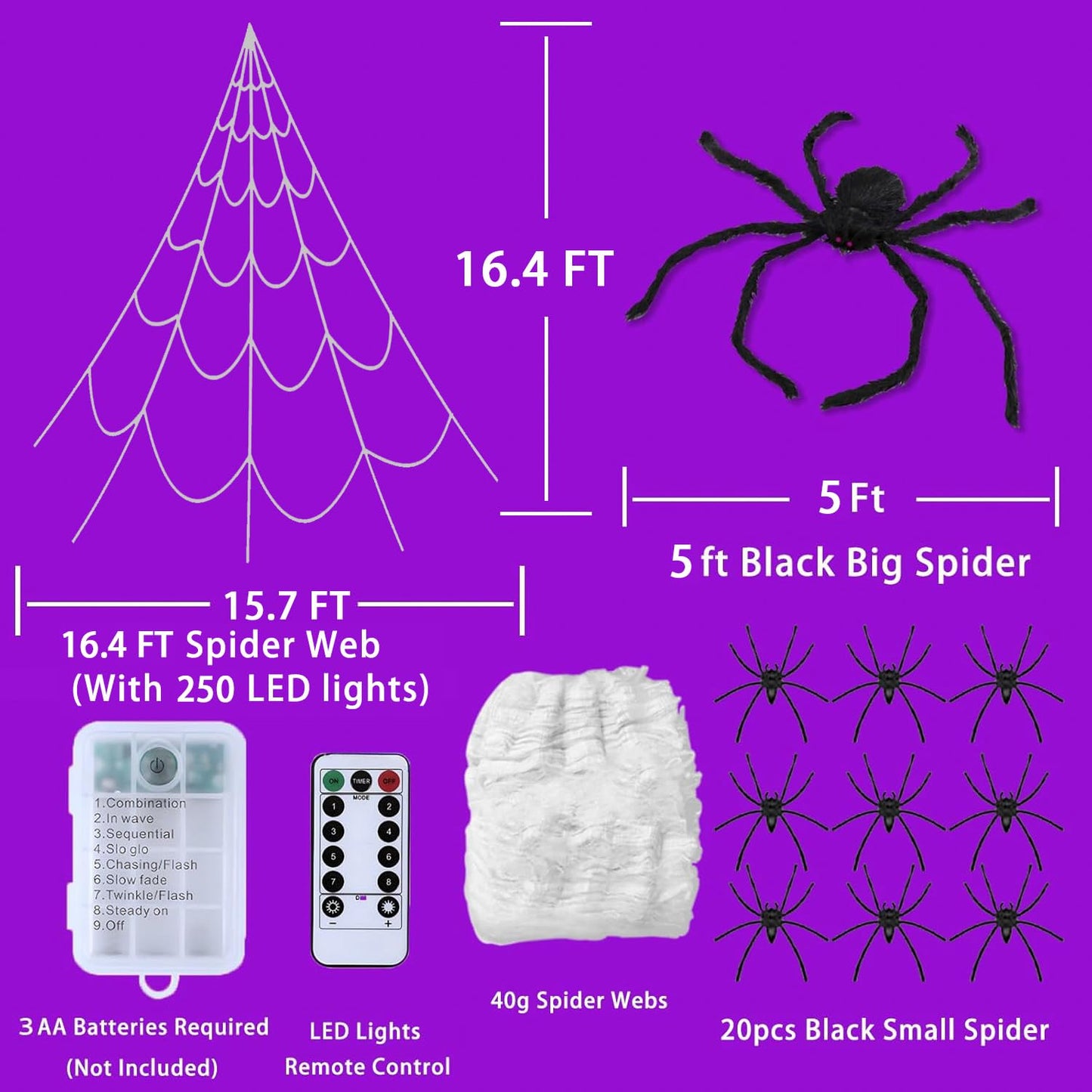 Halloween Spider Web Lights with Giant 4FT Black Spider – 16.4FT Net with 250 LED Lights, Waterproof Outdoor/Indoor Cobweb with Remote & 8 Modes