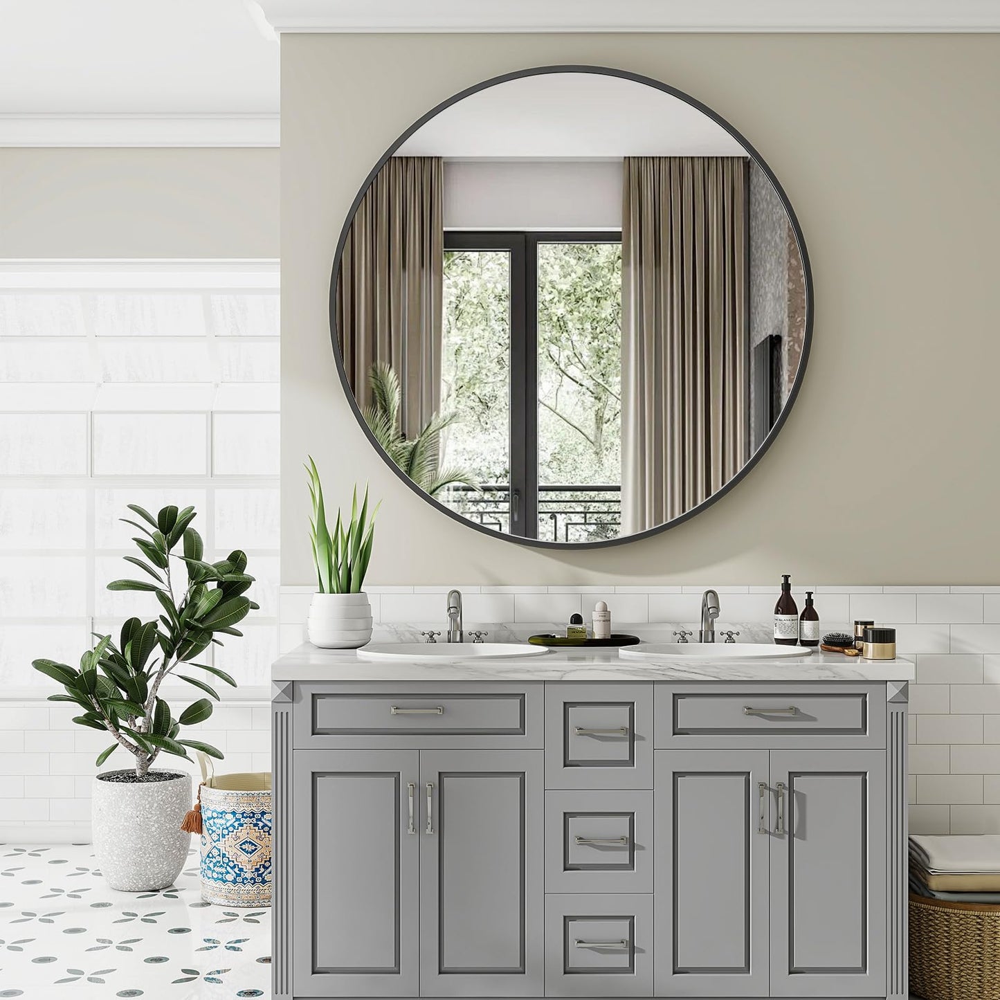 106cm Large Round Wall Mirror – Black Aluminium Alloy Frame, Tempered Glass Decorative Mirror for Bathroom, Bedroom, Living Room & Entryway