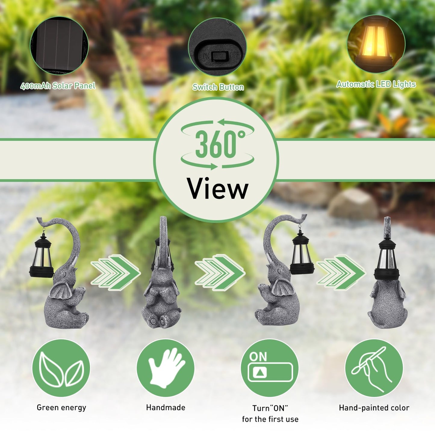 Solar Elephant Garden Statue – Outdoor Resin Ornament with LED Lantern, Weatherproof Décor for Patio, Yard & Home – Gift for Mum & Women