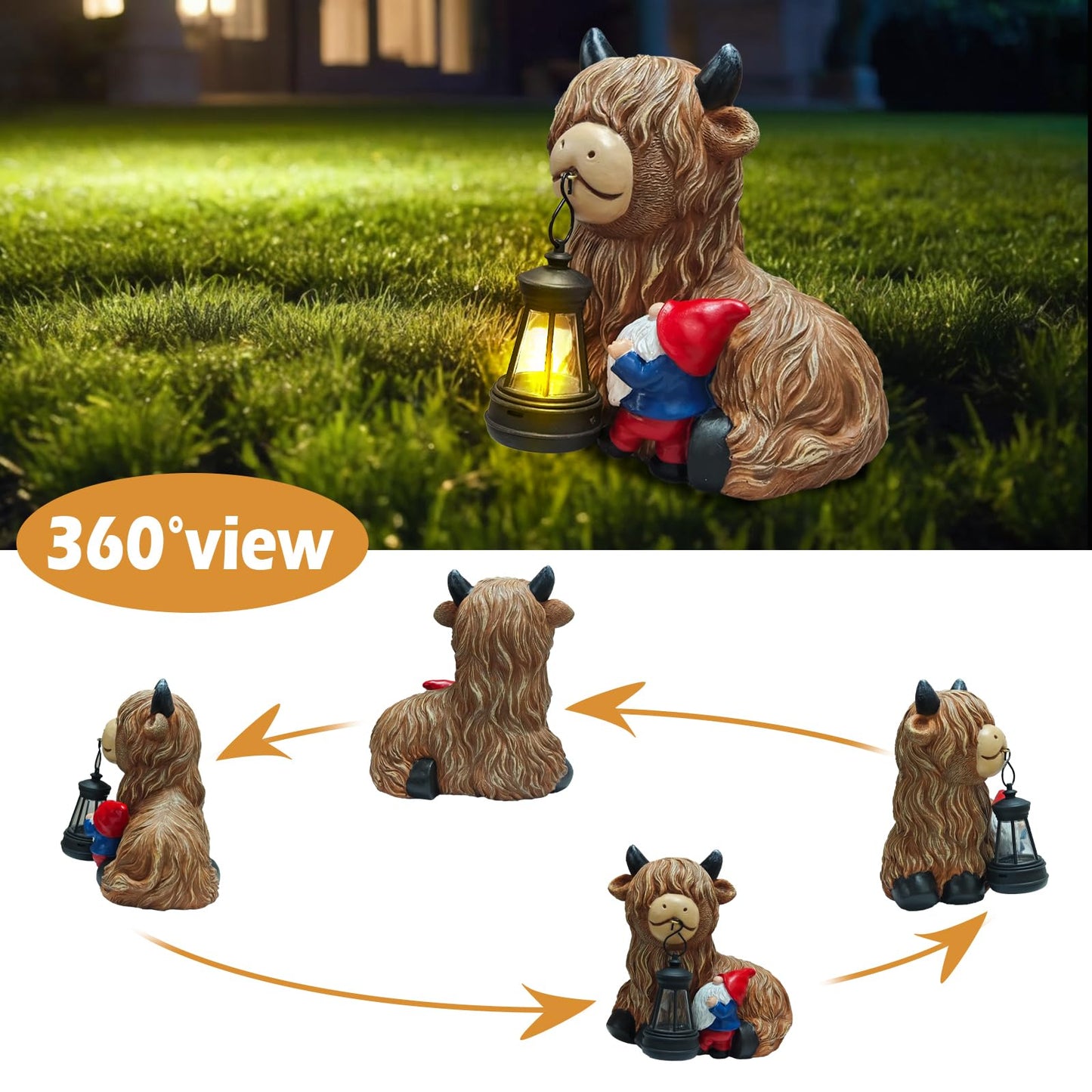 Solar Highland Cow Gnome with Lantern – Funny Resin Garden Statue with Solar Light, Outdoor Yard & Patio Decoration, Unique Gift