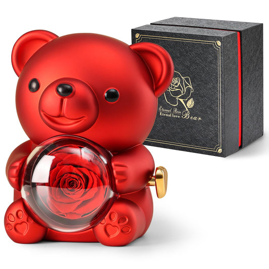 Romantic Teddy Bear with Preserved Red Rose, Hidden Jewelry Box & Heart Necklace – Unique Gift for Valentine’s, Anniversaries & Weddings