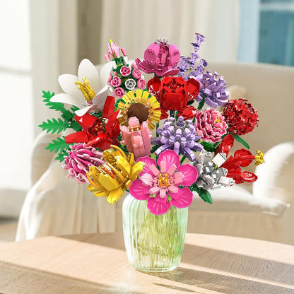 Flower Bouquet Building Set – 1464PCS Artificial Botanical Collection with 18 Stems, Creative Gift for Adults & Teens, Home Décor