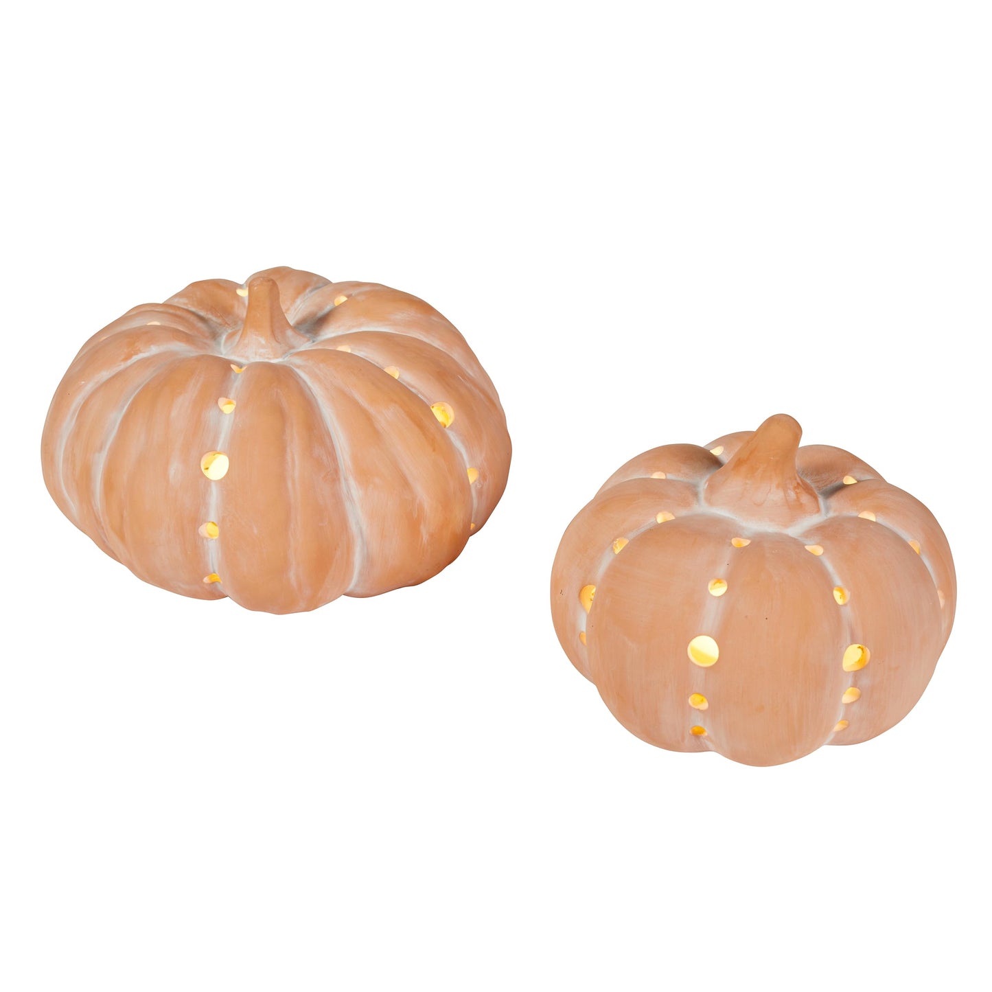 Set of 2 Terracotta Pumpkin Decorations – Battery Operated with Warm White LED & Timer, Indoor/Outdoor Halloween & Autumn Décor