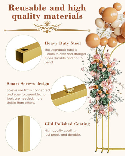 Set of 3 Gold Metal Wedding Arch Backdrop Stands – 7.2FT, 6.6FT, 6FT Balloon Arch Frames for Ceremony, Reception & Event Decorations