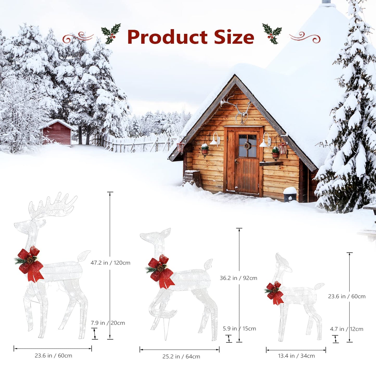 3-Piece Lighted Reindeer Christmas Decoration Set – Pre-Lit 270 LED Deer Family with Remote, Timer & Ground Stakes – Indoor/Outdoor Plug-In Ornament