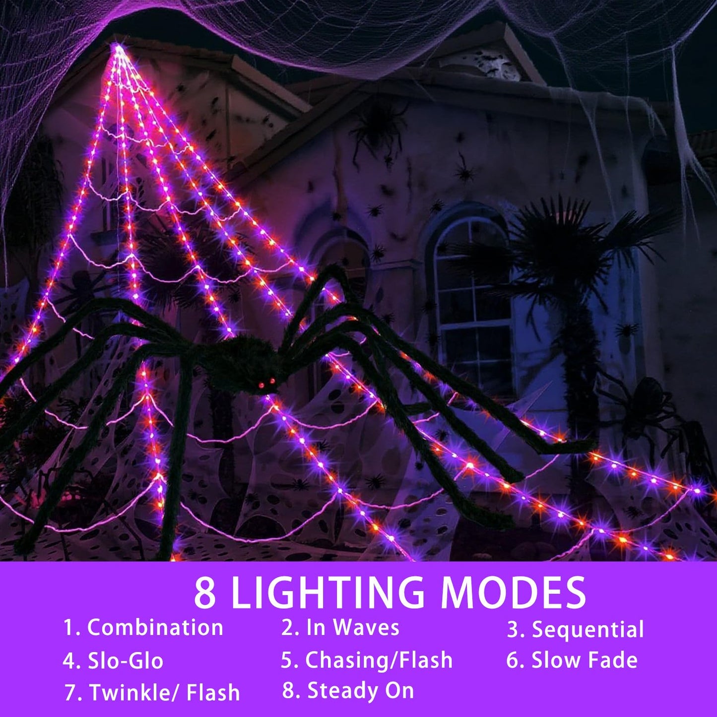 Halloween Spider Web Lights with Giant 4FT Black Spider – 16.4FT Net with 250 LED Lights, Waterproof Outdoor/Indoor Cobweb with Remote & 8 Modes