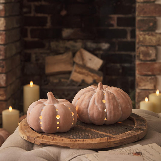 Set of 2 Terracotta Pumpkin Decorations – Battery Operated with Warm White LED & Timer, Indoor/Outdoor Halloween & Autumn Décor