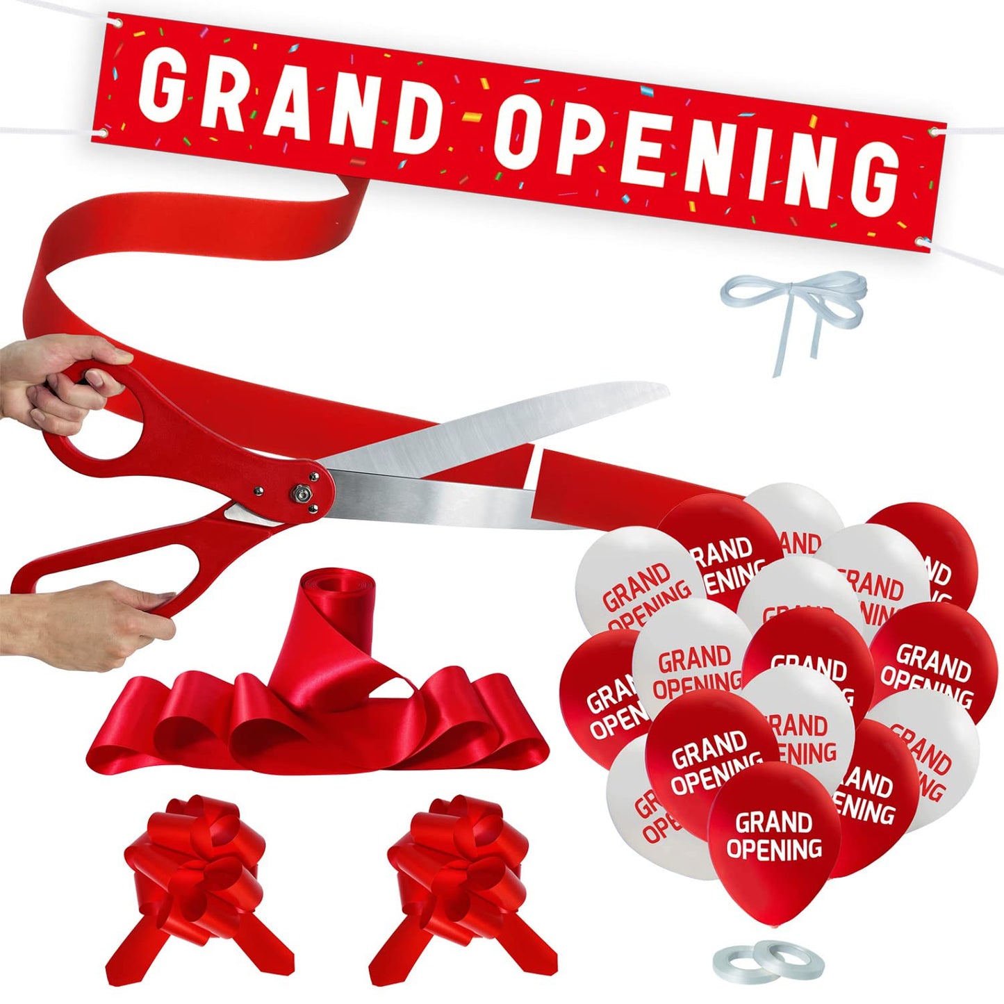 Grand Opening Ceremony Kit – 25" Giant Scissors, Red Satin Ribbon, Banner, Balloons & Decorations for Business