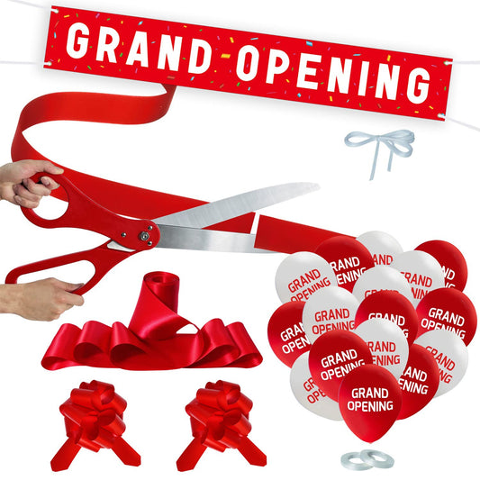 Grand Opening Ceremony Kit – 25" Giant Scissors, Red Satin Ribbon, Banner, Balloons & Decorations for Business