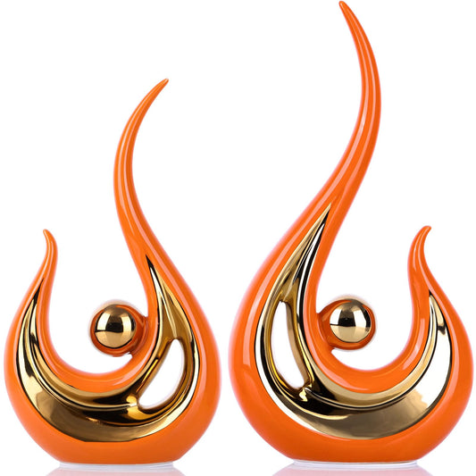 Set of 2 Orange & Gold Ceramic Sculptures – Modern Abstract Art Figurines for Living Room, Bedroom, Office & Dining Table Decoration