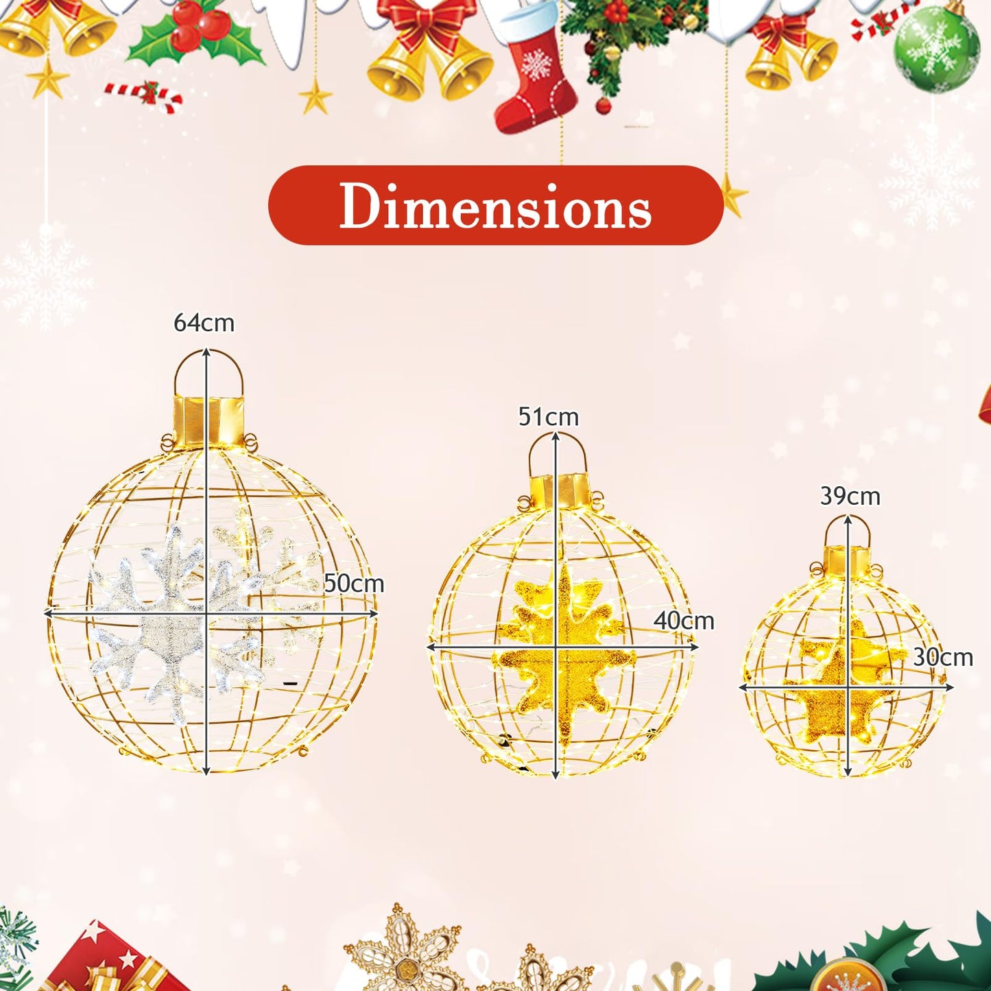 3-Piece Christmas LED Ball Light Set – Golden Hanging Sphere Ornaments with 732 LED Lights & Metal Frame – Indoor/Outdoor Holiday Decoration