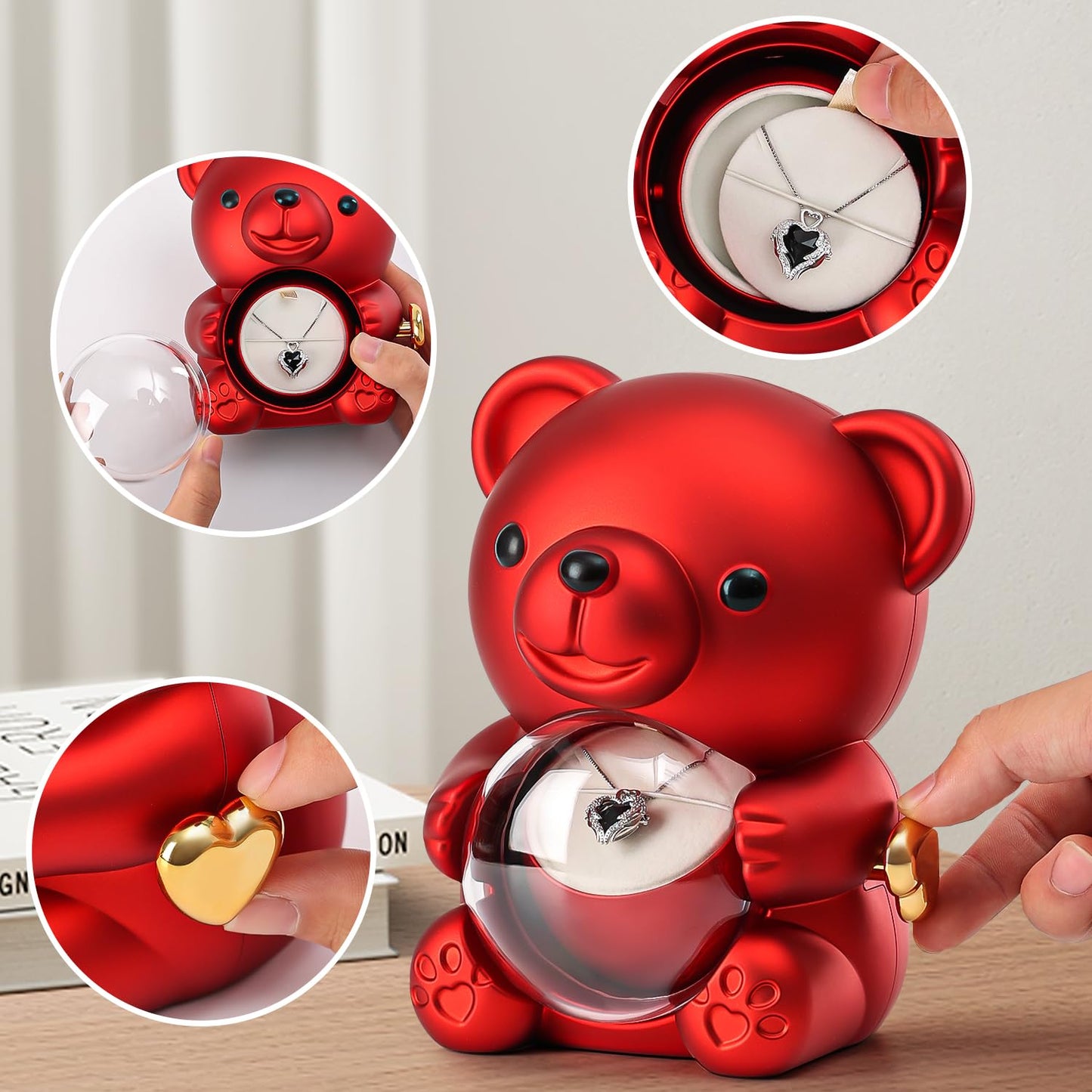 Romantic Teddy Bear with Preserved Red Rose, Hidden Jewelry Box & Heart Necklace – Unique Gift for Valentine’s, Anniversaries & Weddings