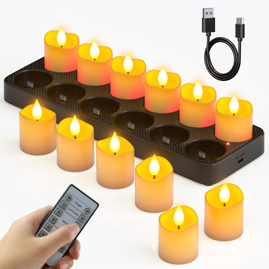 Rechargeable LED Tea Lights – Set of 12 Flameless Tealight Candles with Remote Control, Timer & Charging Base – Warm White Flickering Light
