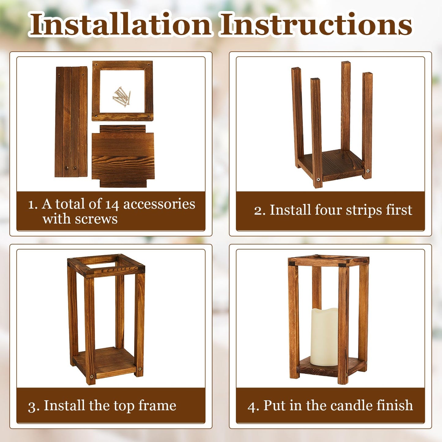 24-Piece Wooden Candle Lantern Set with 12 Rustic Lantern Centerpieces & 12 Flameless LED Candles – Wedding & Event Table Decorations (Brown)