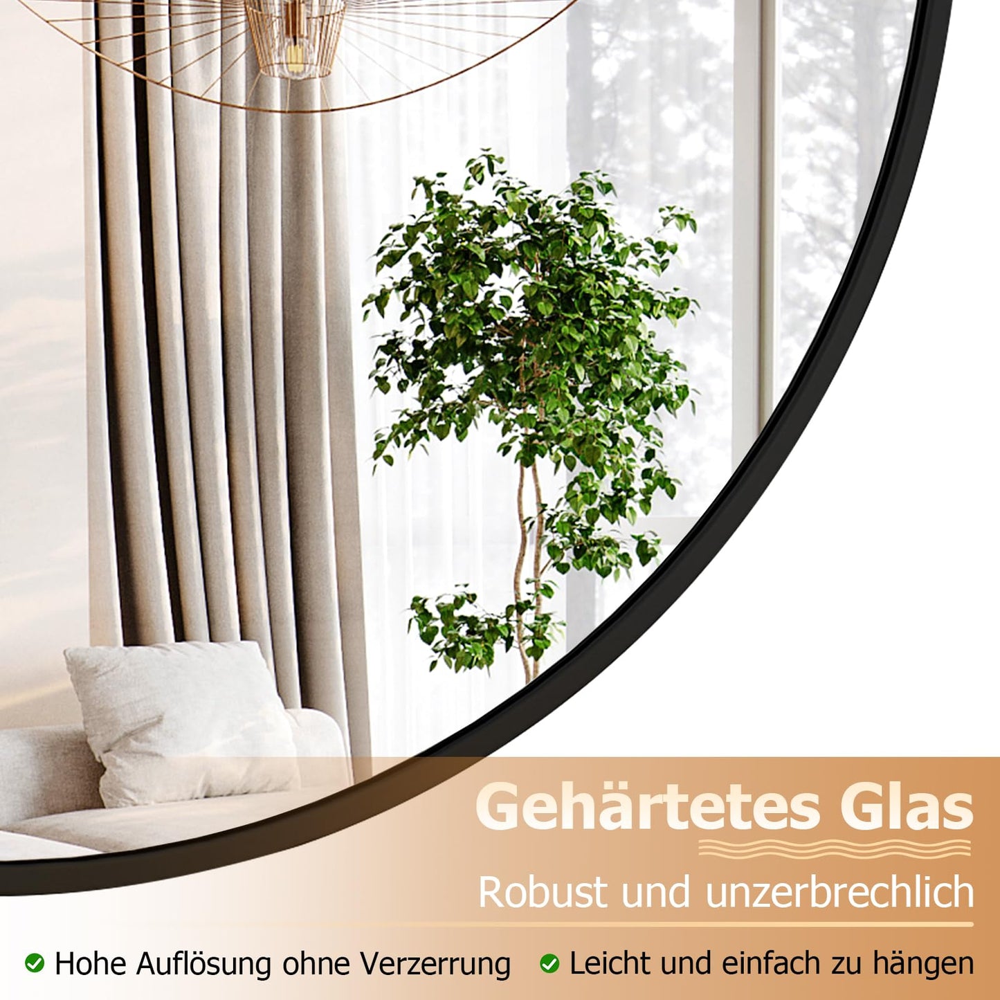 106cm Large Round Wall Mirror – Black Aluminium Alloy Frame, Tempered Glass Decorative Mirror for Bathroom, Bedroom, Living Room & Entryway