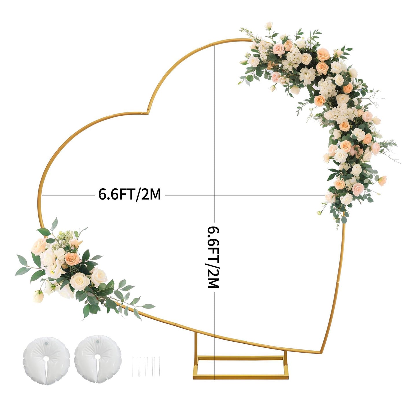 6.6FT Tilted Heart Metal Balloon Arch Stand – Gold Wedding Backdrop Frame with Water Bags for Weddings, Proposals & Party Decorations