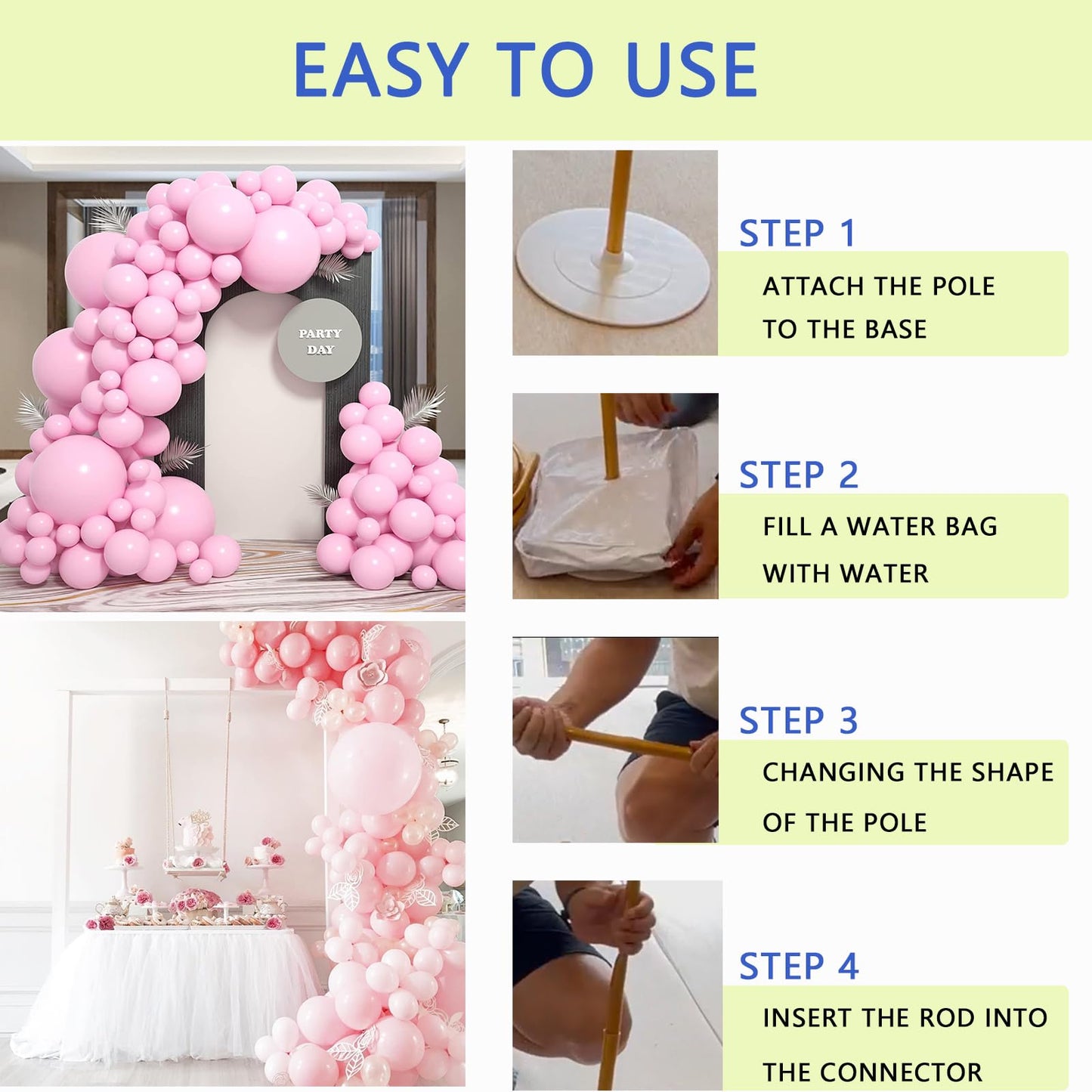 Balloon Arch Stand Set – 2.5m & 1.5m Freely Bendable Half Balloon Column Stands with Bases, Water Bags & Accessories (Gold)