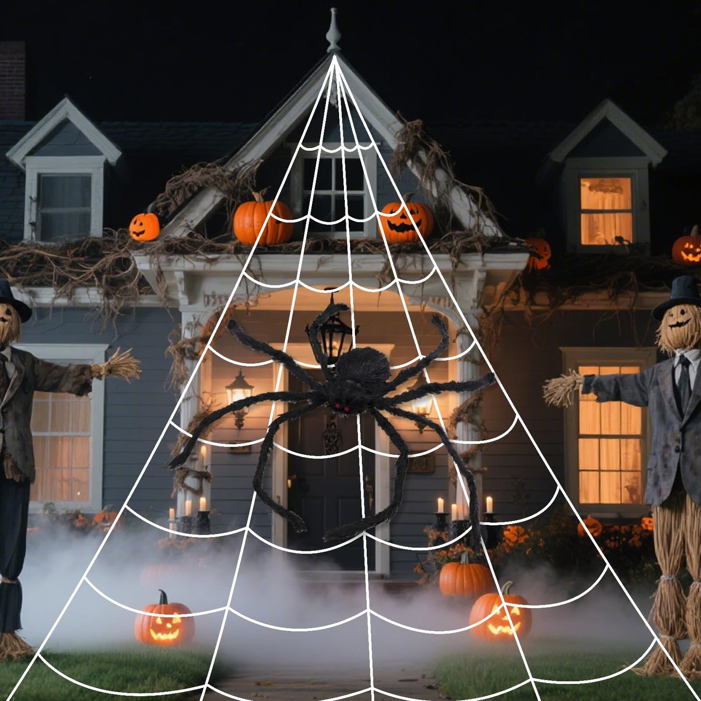 Halloween Spider Web Lights with Giant 4FT Black Spider – 16.4FT Net with 250 LED Lights, Waterproof Outdoor/Indoor Cobweb with Remote & 8 Modes