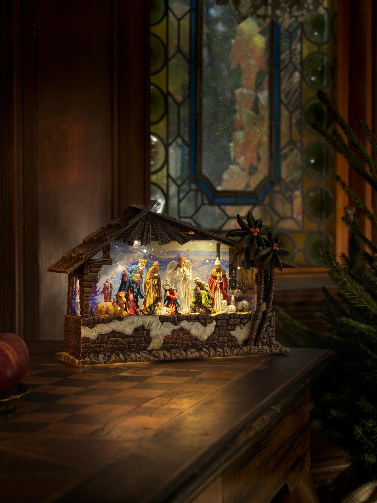 Konstsmide LED Snow Globe Nativity – Indoor Christmas Decoration with Water, Battery or USB Operated