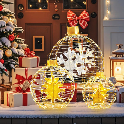 3-Piece Christmas LED Ball Light Set – Golden Hanging Sphere Ornaments with 732 LED Lights & Metal Frame – Indoor/Outdoor Holiday Decoration