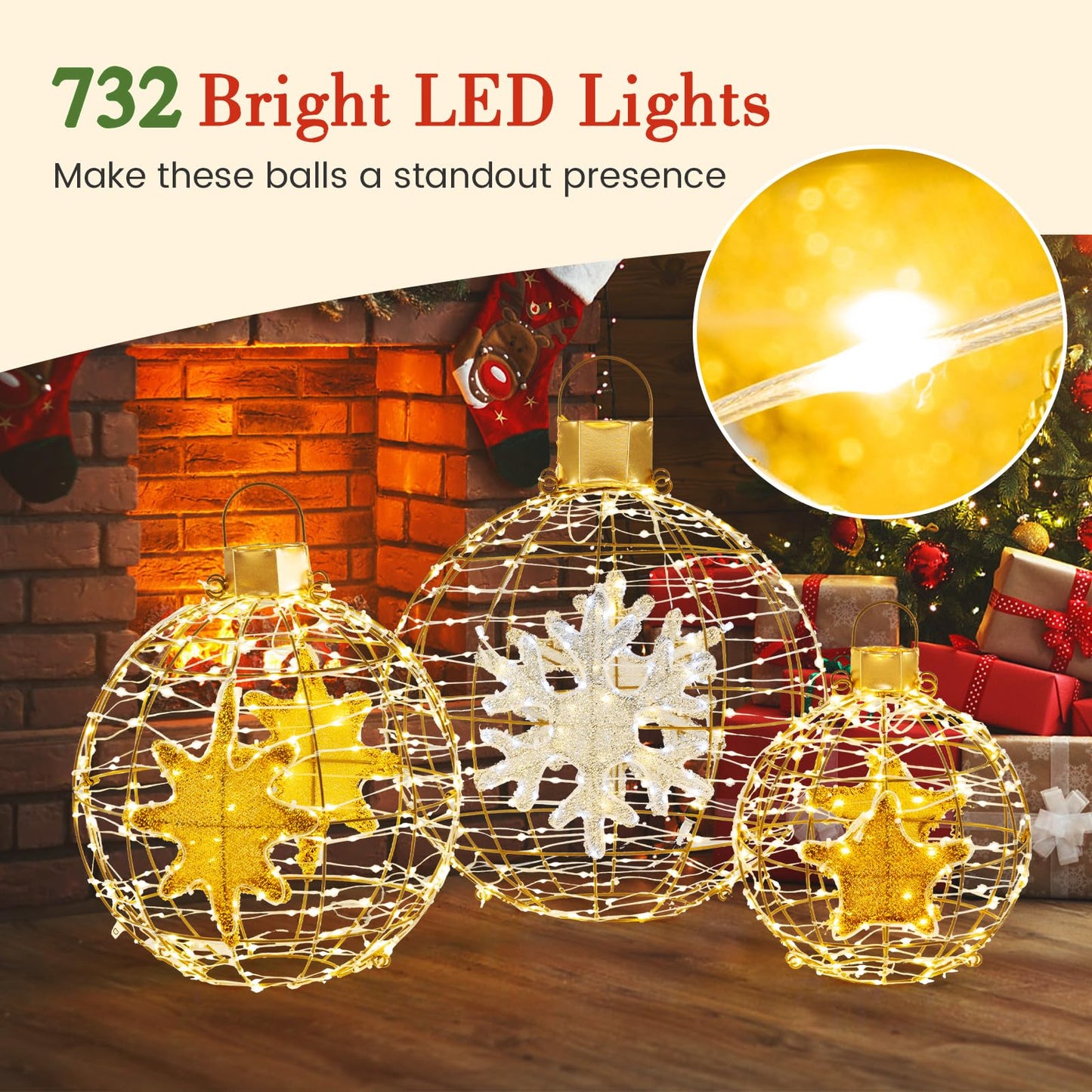3-Piece Christmas LED Ball Light Set – Golden Hanging Sphere Ornaments with 732 LED Lights & Metal Frame – Indoor/Outdoor Holiday Decoration