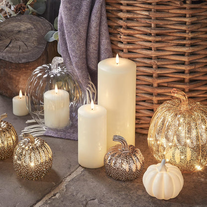 Set of 5 Light Up LED Pumpkins – Battery Operated Autumn & Halloween Decorations with Timer, Indoor Use (Gold & Glass Finish)