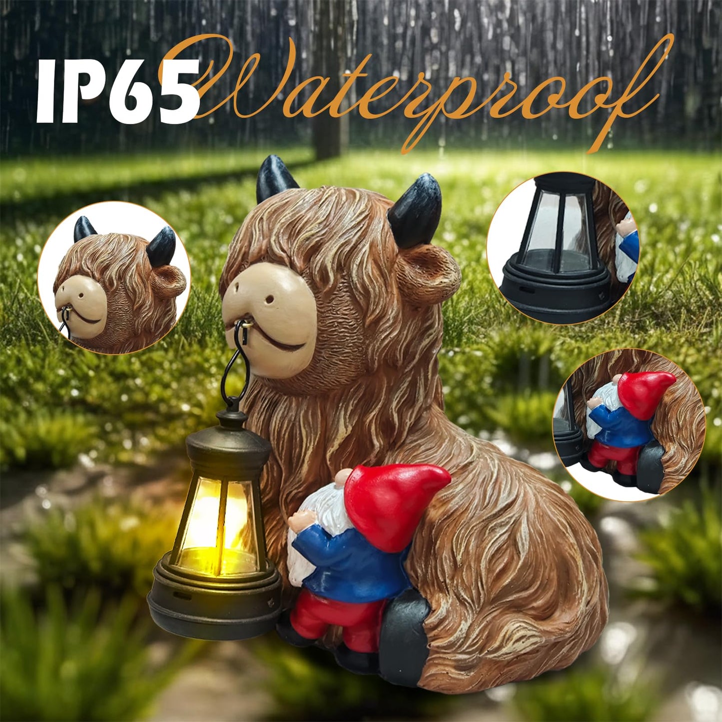 Solar Highland Cow Gnome with Lantern – Funny Resin Garden Statue with Solar Light, Outdoor Yard & Patio Decoration, Unique Gift