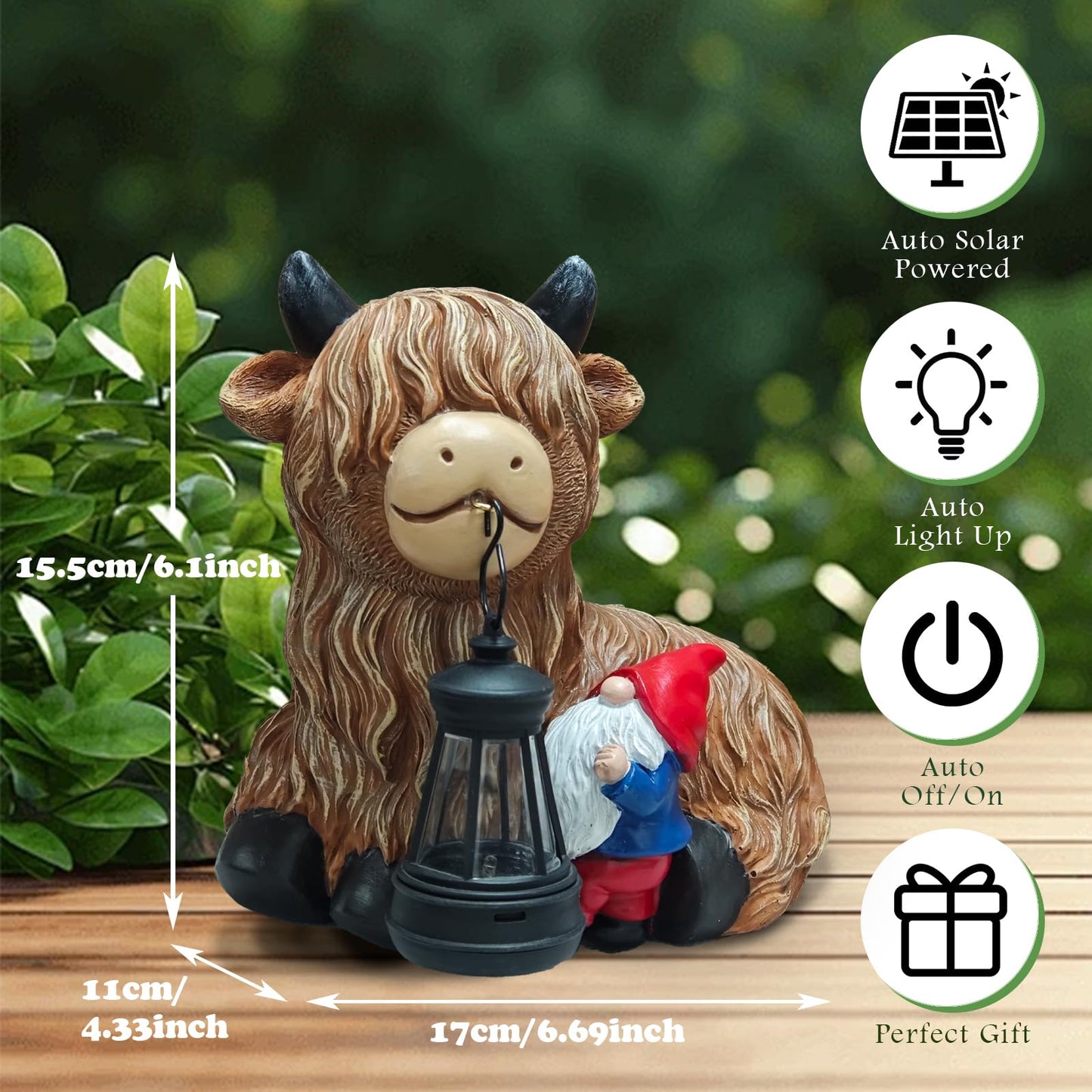 Solar Highland Cow Gnome with Lantern – Funny Resin Garden Statue with Solar Light, Outdoor Yard & Patio Decoration, Unique Gift