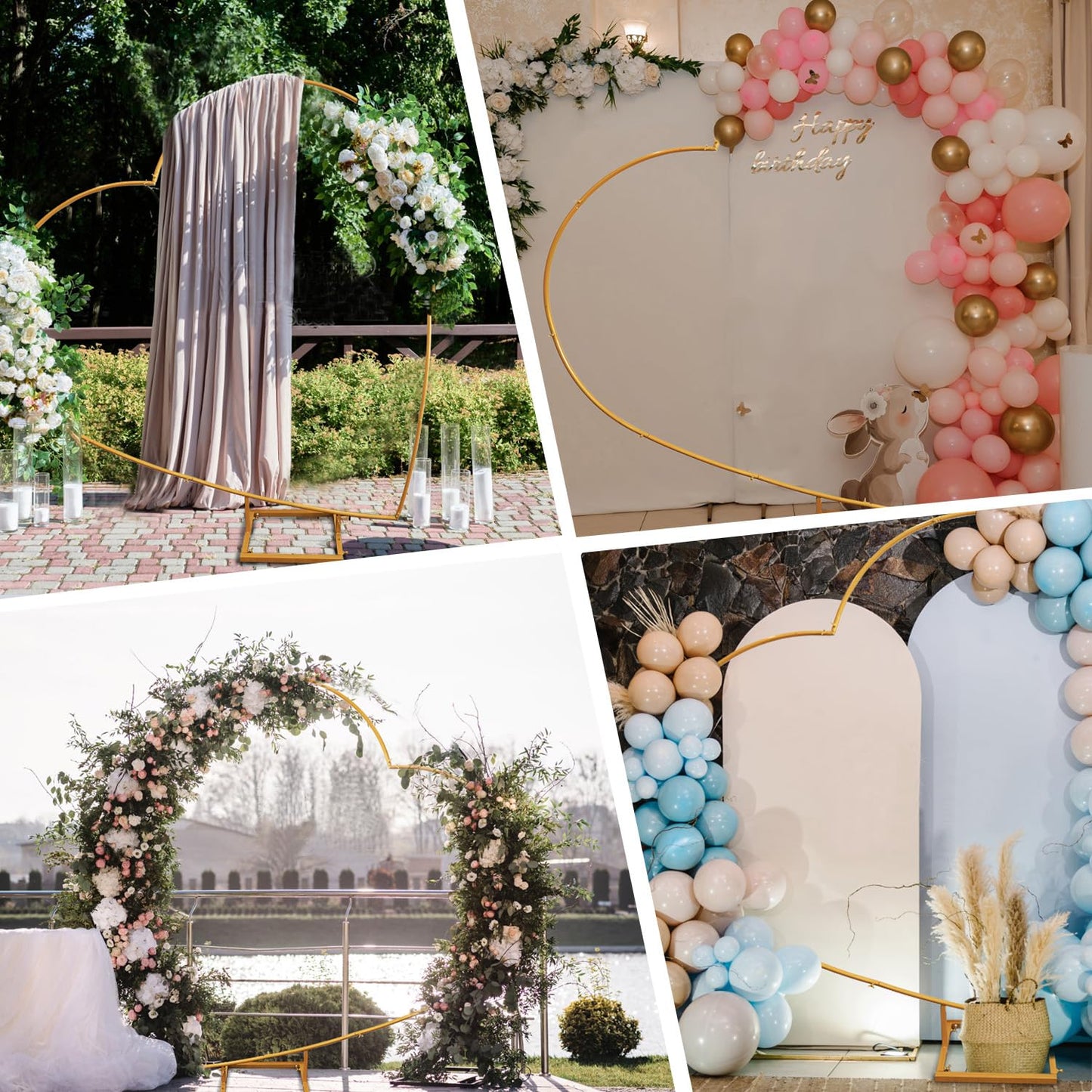 6.6FT Tilted Heart Metal Balloon Arch Stand – Gold Wedding Backdrop Frame with Water Bags for Weddings, Proposals & Party Decorations
