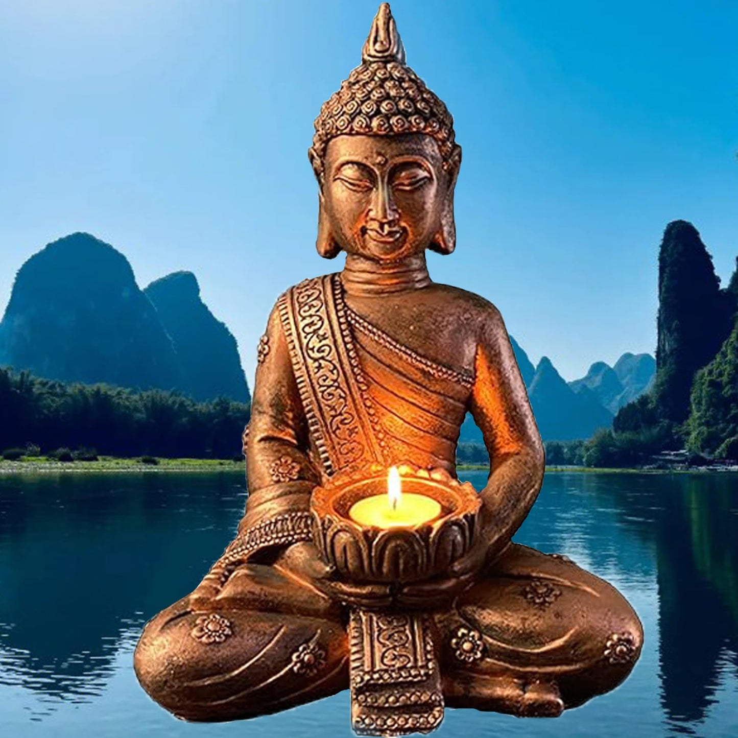 Meditating Buddha Statue – Feng Shui Resin Figurine for Home, Garden, and Zen Décor (Copper Finish)
