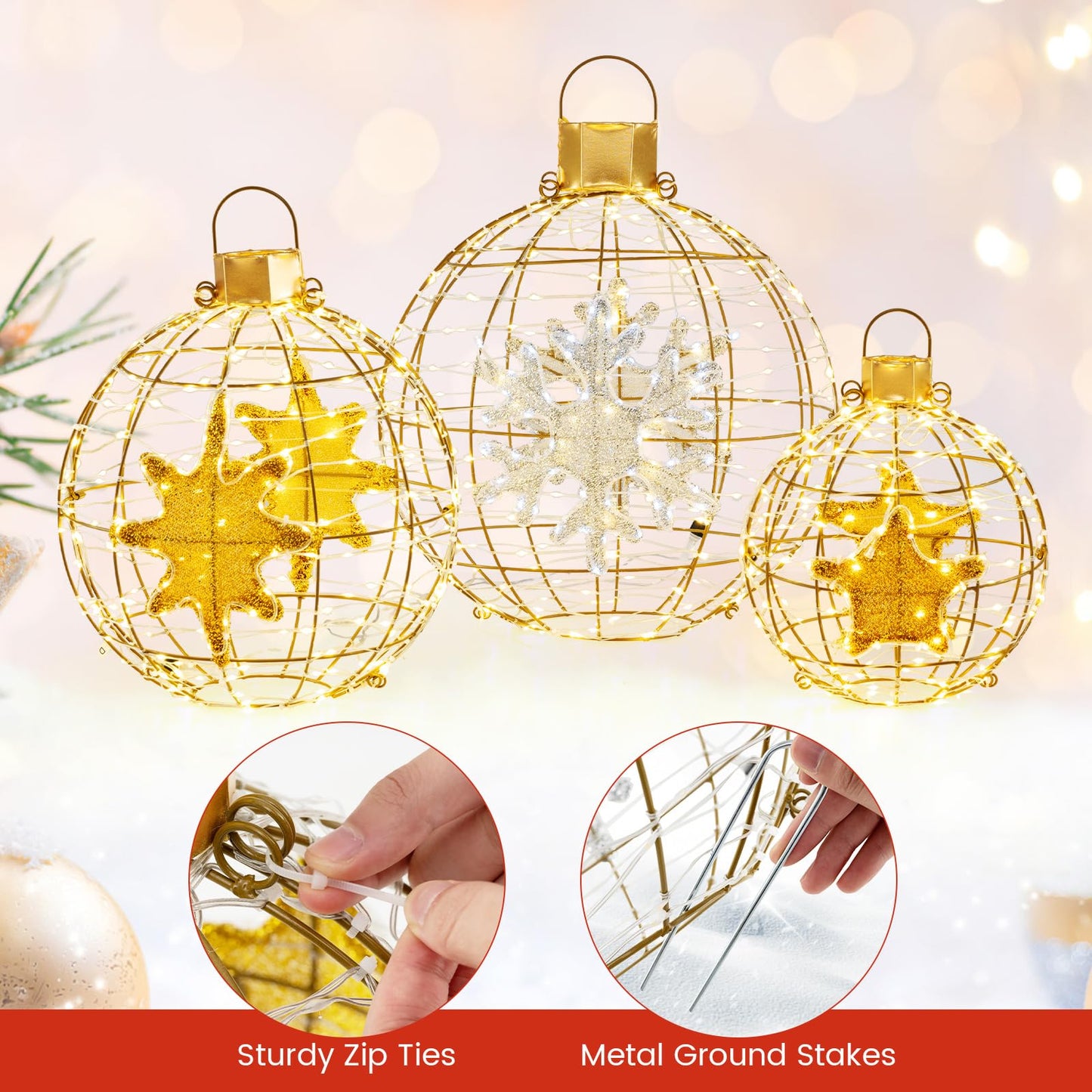 3-Piece Christmas LED Ball Light Set – Golden Hanging Sphere Ornaments with 732 LED Lights & Metal Frame – Indoor/Outdoor Holiday Decoration