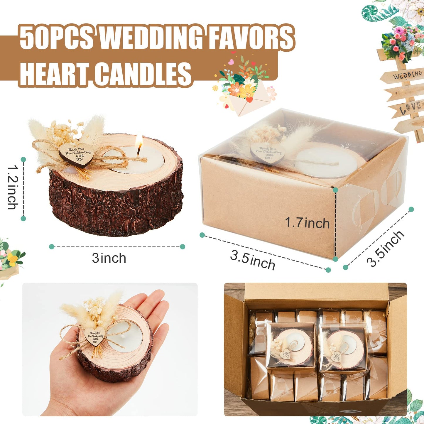 50-Piece Rustic Wedding Candle Favors – Tealight Holders with Dried Flowers for Bridal Showers & Wedding Décor