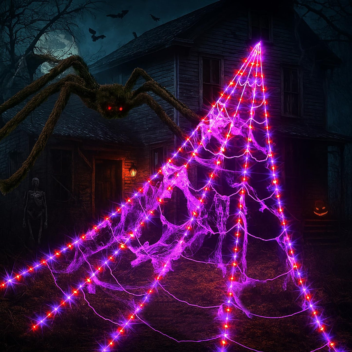 Halloween Spider Web Lights with Giant 4FT Black Spider – 16.4FT Net with 250 LED Lights, Waterproof Outdoor/Indoor Cobweb with Remote & 8 Modes