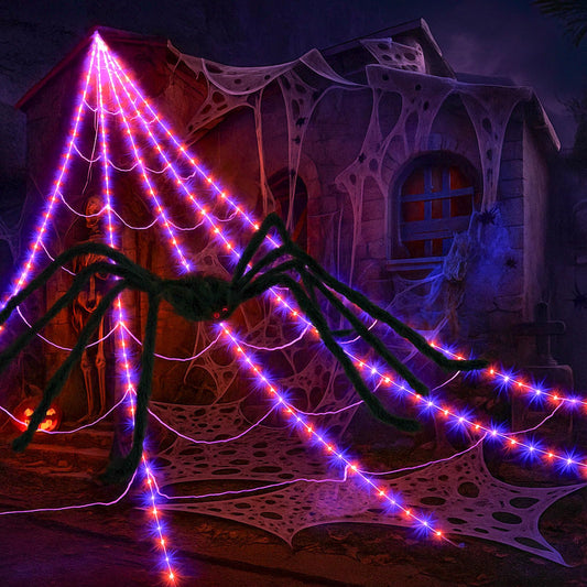 Halloween Spider Web Lights with Giant 4FT Black Spider – 16.4FT Net with 250 LED Lights, Waterproof Outdoor/Indoor Cobweb with Remote & 8 Modes
