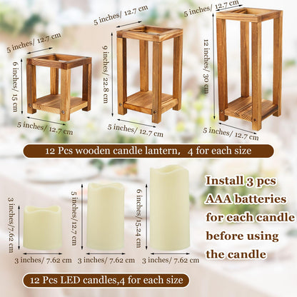 24-Piece Wooden Candle Lantern Set with 12 Rustic Lantern Centerpieces & 12 Flameless LED Candles – Wedding & Event Table Decorations (Brown)