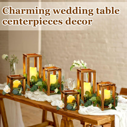 24-Piece Wooden Candle Lantern Set with 12 Rustic Lantern Centerpieces & 12 Flameless LED Candles – Wedding & Event Table Decorations (Brown)