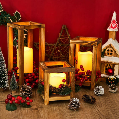 24-Piece Wooden Candle Lantern Set with 12 Rustic Lantern Centerpieces & 12 Flameless LED Candles – Wedding & Event Table Decorations (Brown)