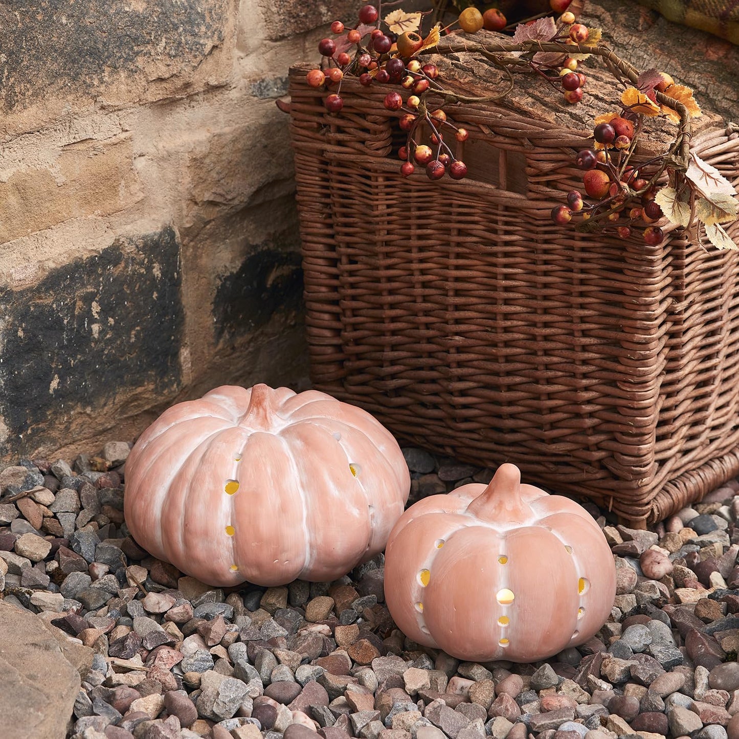 Set of 2 Terracotta Pumpkin Decorations – Battery Operated with Warm White LED & Timer, Indoor/Outdoor Halloween & Autumn Décor