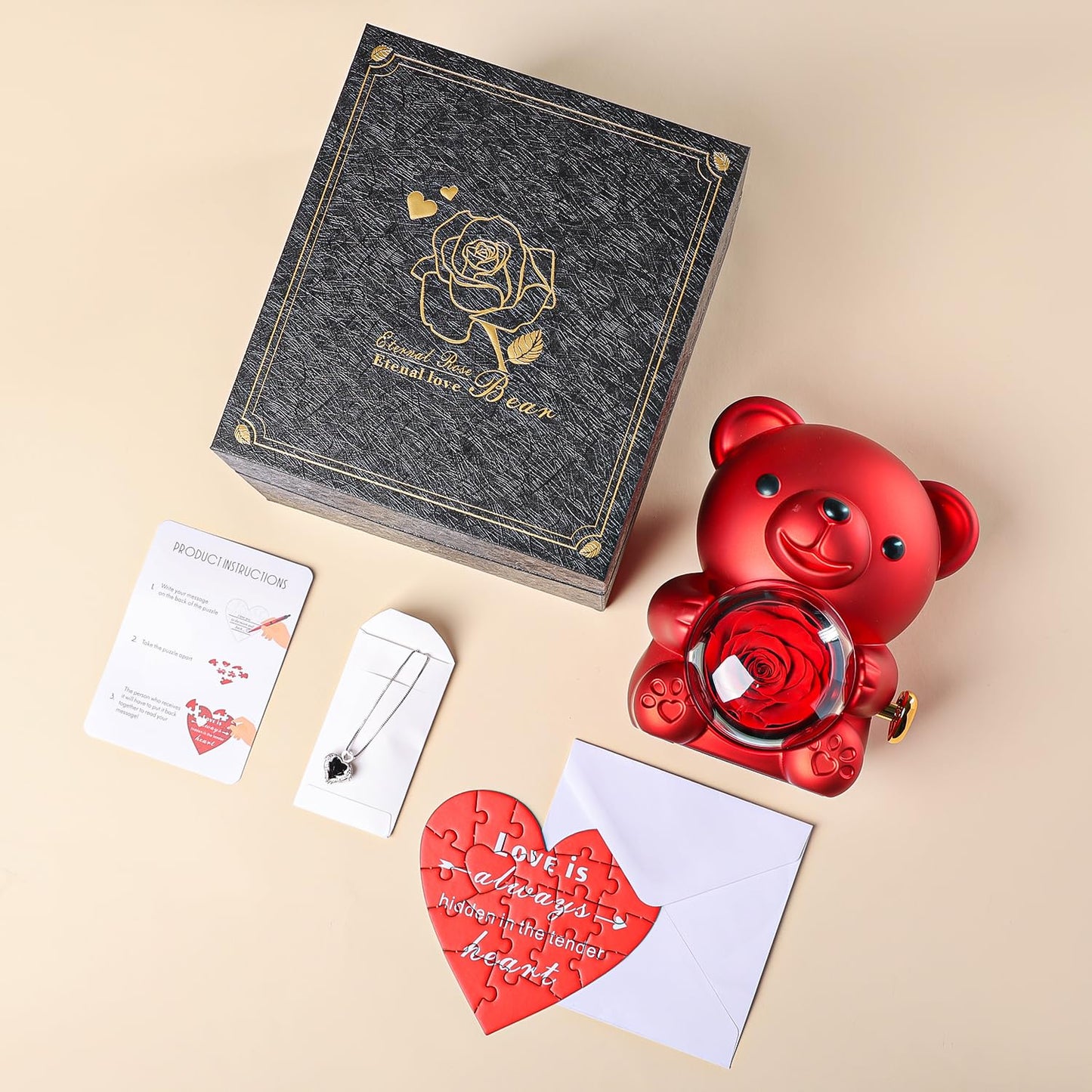 Romantic Teddy Bear with Preserved Red Rose, Hidden Jewelry Box & Heart Necklace – Unique Gift for Valentine’s, Anniversaries & Weddings