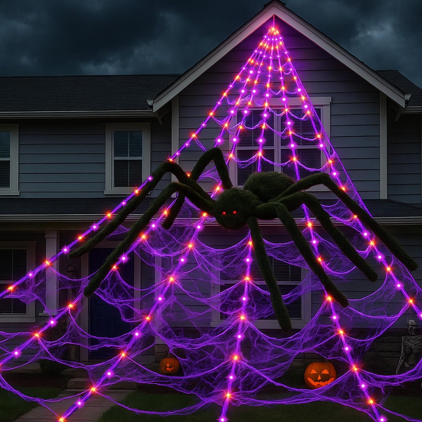 Halloween Spider Web Lights with Giant 4FT Black Spider – 16.4FT Net with 250 LED Lights, Waterproof Outdoor/Indoor Cobweb with Remote & 8 Modes