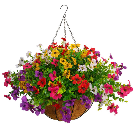 Artificial Hanging Flower Basket with Silk Violets – DIY Chain Hanging Ornament for Garden, Balcony, Weddings & Home Décor (Large, 30cm)