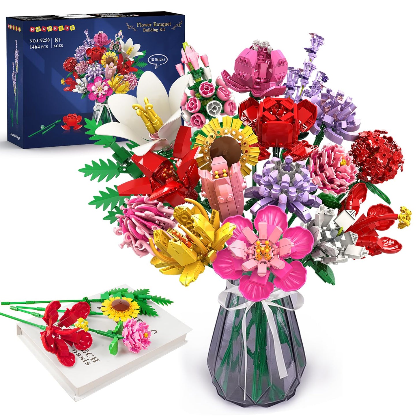 Flower Bouquet Building Set – 1464PCS Artificial Botanical Collection with 18 Stems, Creative Gift for Adults & Teens, Home Décor
