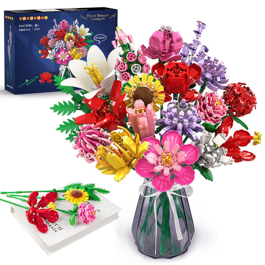 Flower Bouquet Building Set – 1464PCS Artificial Botanical Collection with 18 Stems, Creative Gift for Adults & Teens, Home Décor