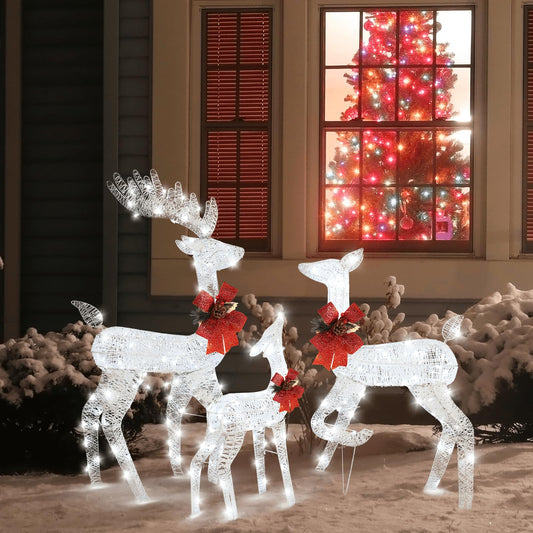 3-Piece Lighted Reindeer Christmas Decoration Set – Pre-Lit 270 LED Deer Family with Remote, Timer & Ground Stakes – Indoor/Outdoor Plug-In Ornament